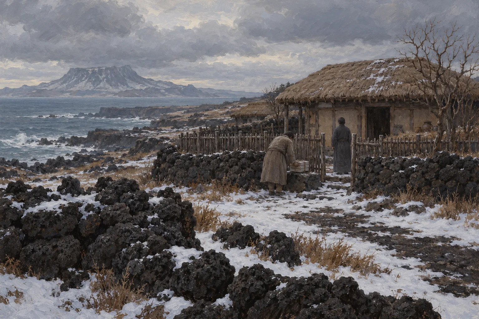 A person sets down a bundle of books outside a thatched house on a snowy Jeju coast as another stands nearby.