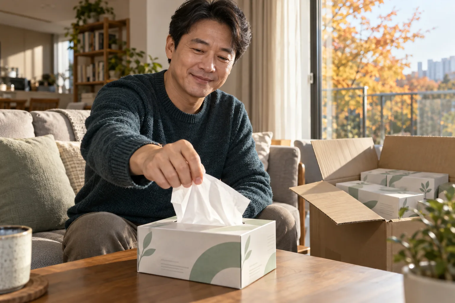 거실 소파에 앉은 남성이 티슈를 뽑고 있고, 옆에는 같은 티슈 상자가 든 열린 택배 상자가 있다.
