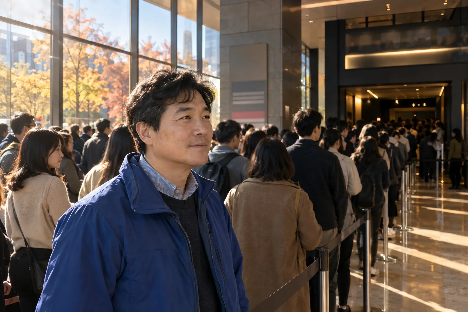 秋の日差しが入る映画館のロビーで、青い上着の男性の後ろに入場の列が続く。