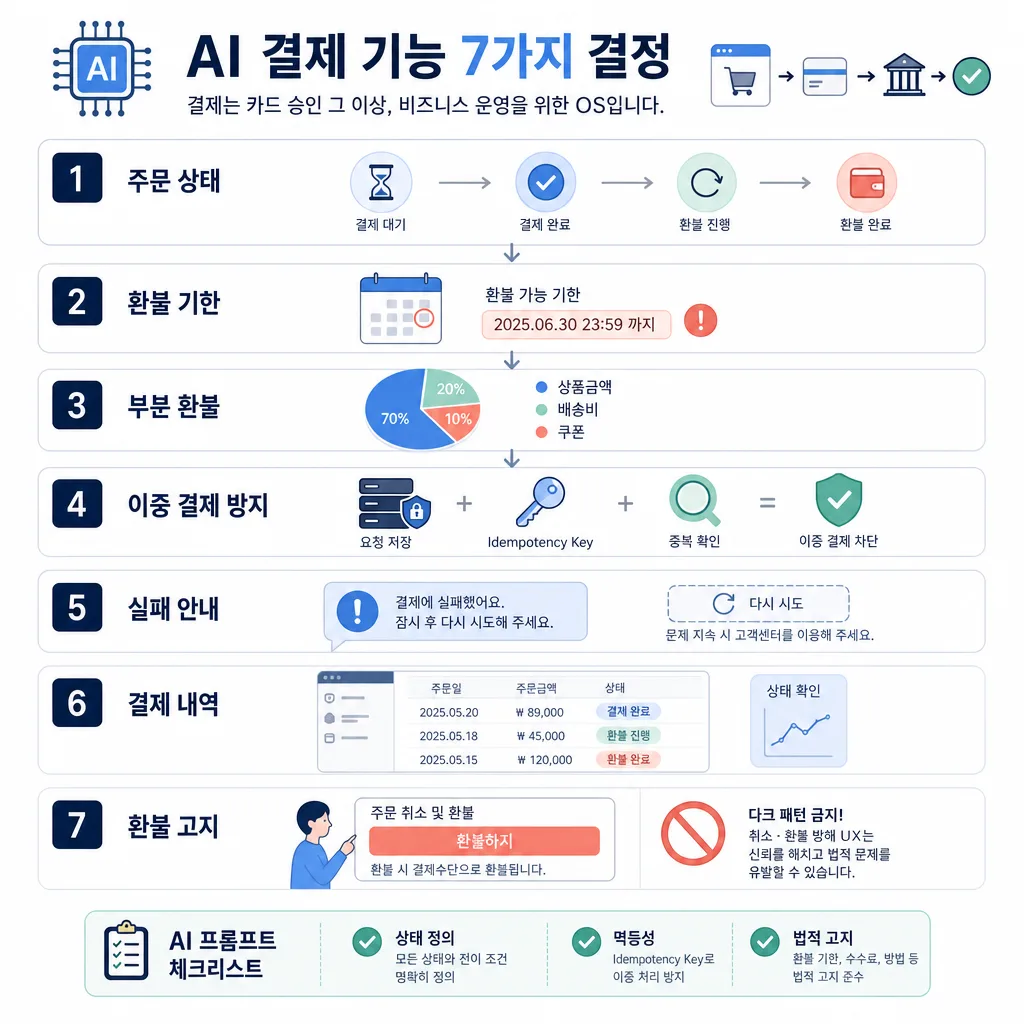 AI 결제 기능의 7가지 결정 사항을 단계별로 정리한 한국어 인포그래픽