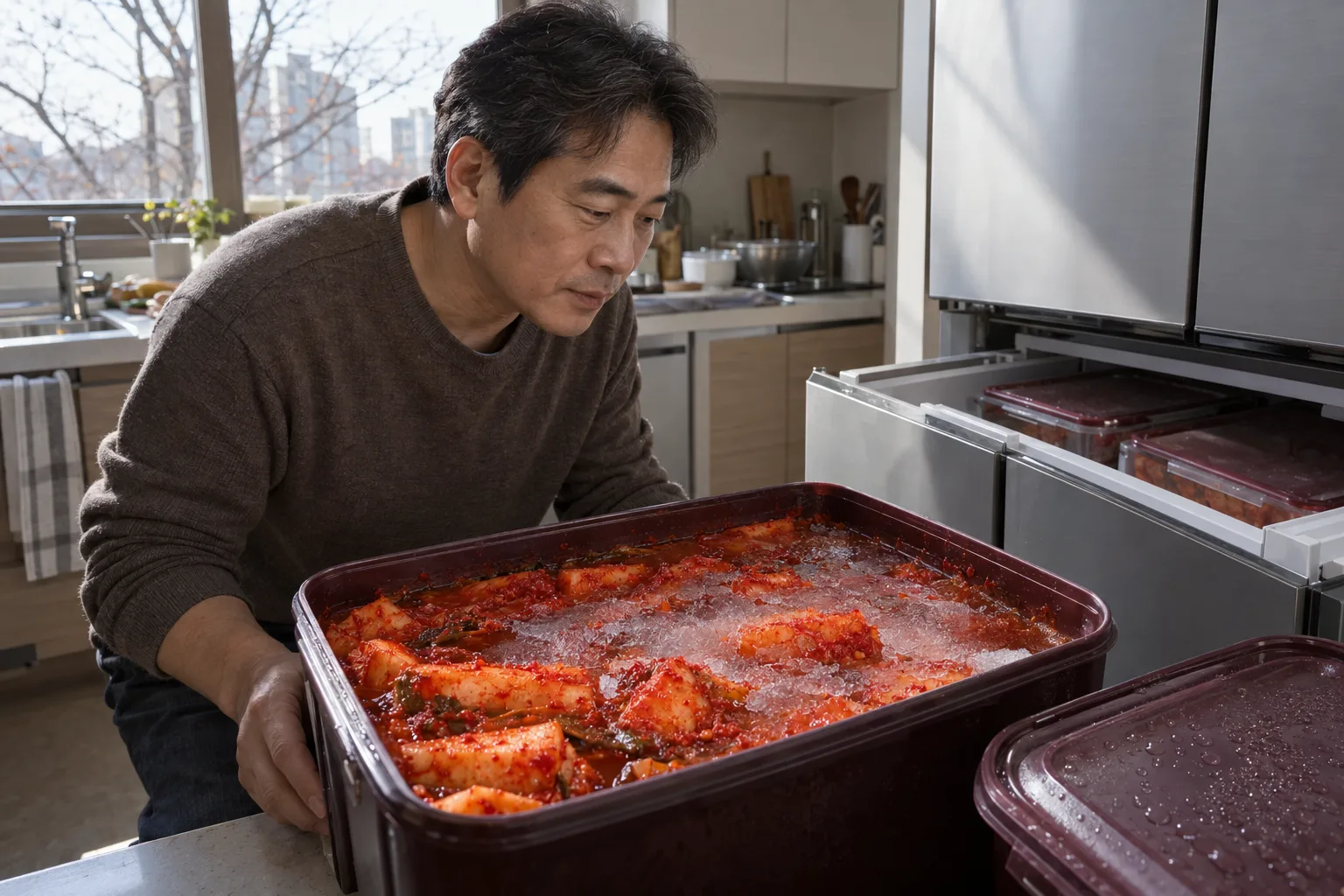 Un hombre revisa kimchi de rábano con una fina capa de hielo junto a un cajón abierto del refrigerador; la tapa tiene gotas.