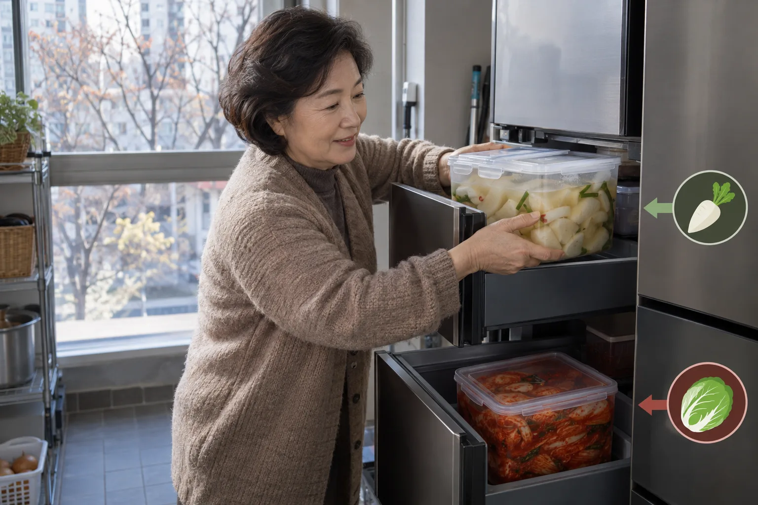 Una mujer coloca un recipiente de kimchi de rábano en agua en el cajón superior; abajo hay kimchi de col.