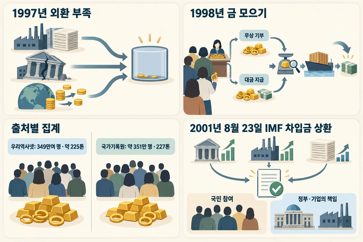 1997년 외환 부족, 금 모으기의 참여 방식과 출처별 집계, 2001년 IMF 차입금 상환을 네 칸에 정리한 인포그래픽