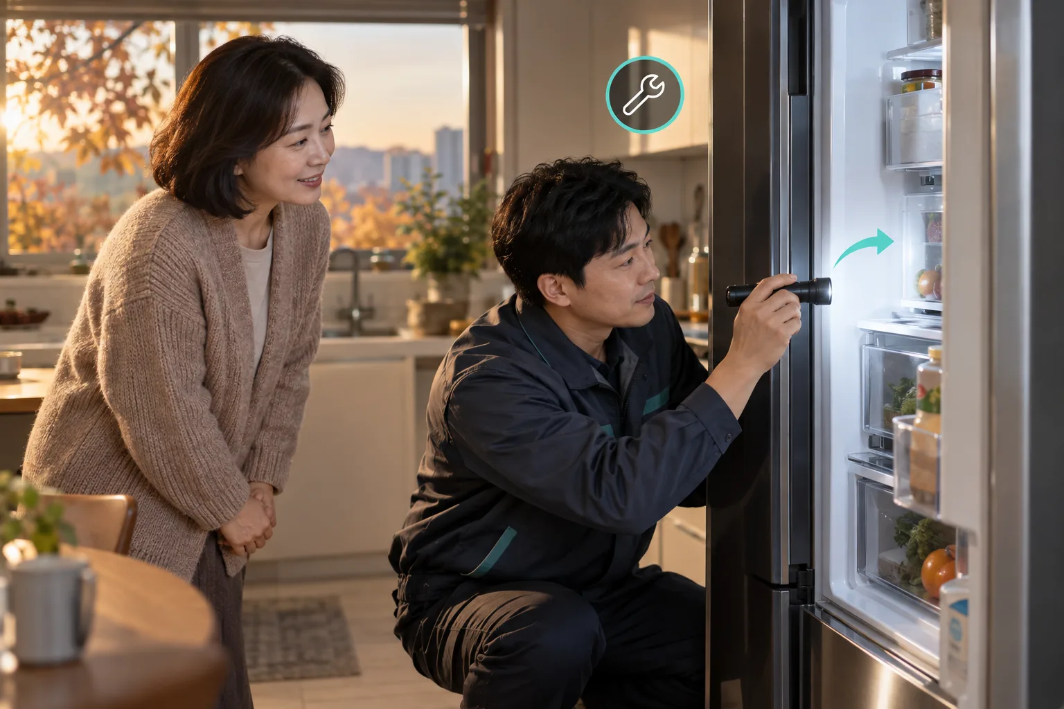 Una mujer observa mientras un técnico revisa un refrigerador abierto con una linterna en la cocina.