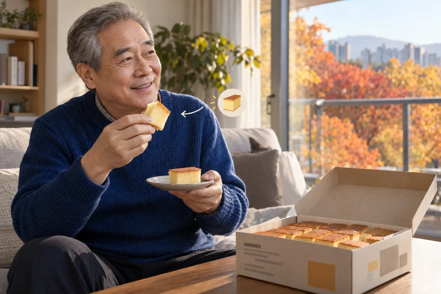 青いセーターの男性がカステラを手にほほ笑み、そばにはカステラの入った開いた箱がある。