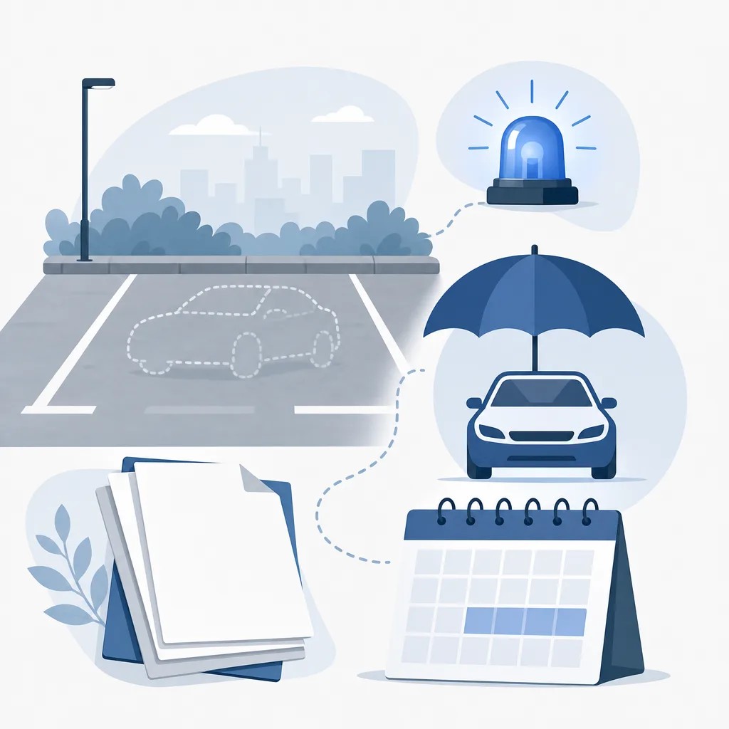 Empty parking space with dashed car outline, siren, covered car, documents and calendar