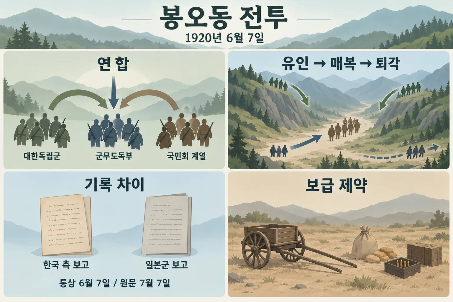 연합 부대, 골짜기 유인·매복, 서로 다른 전투보고, 보급 제약을 네 칸에 담은 봉오동 전투 인포그래픽