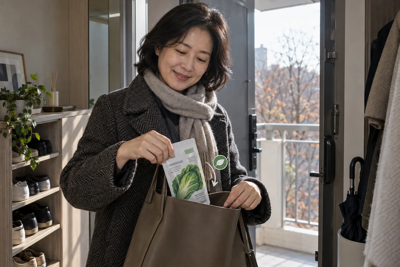 코트와 목도리를 한 여성이 현관에서 양배추 그림이 있는 즙 파우치를 가방에 넣고 있다.