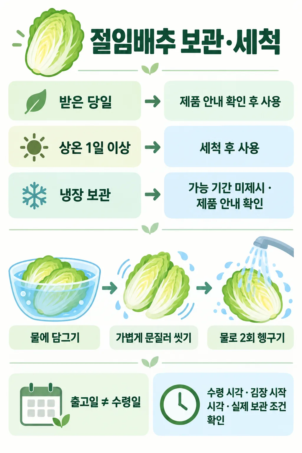 절임배추의 보관 조건별 사용 안내와 물에 담가 씻은 뒤 두 번 헹구는 순서를 담은 인포그래픽