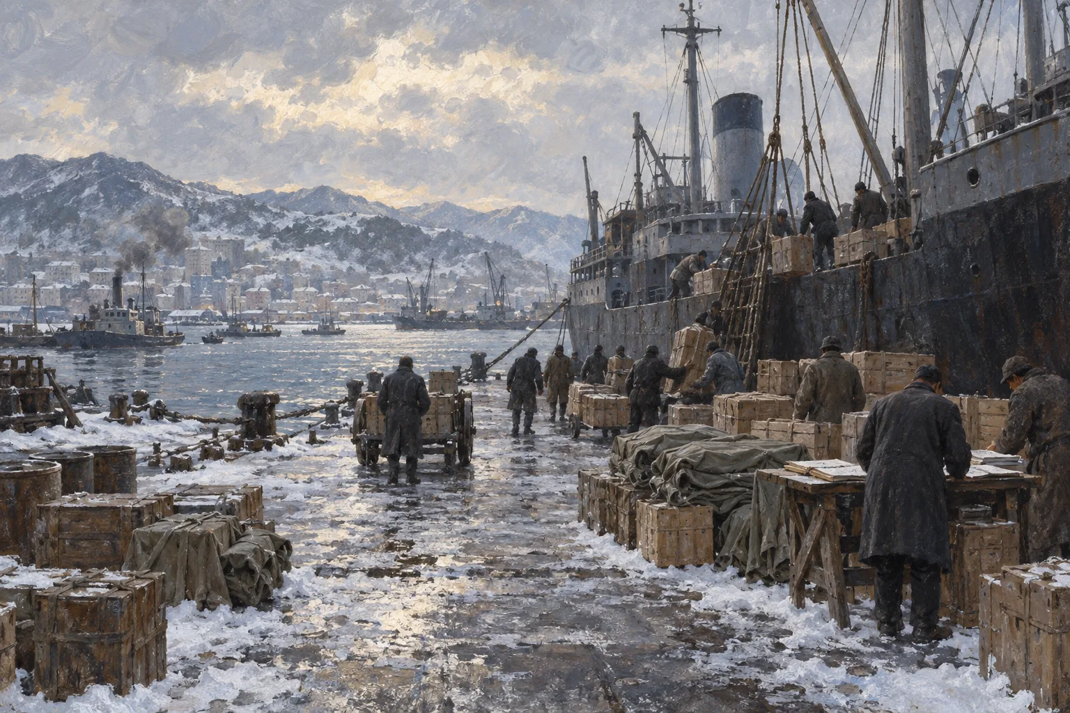 Workers unload wooden crates from a ship onto a snowy pier, beside folded canvas and cargo sheets.