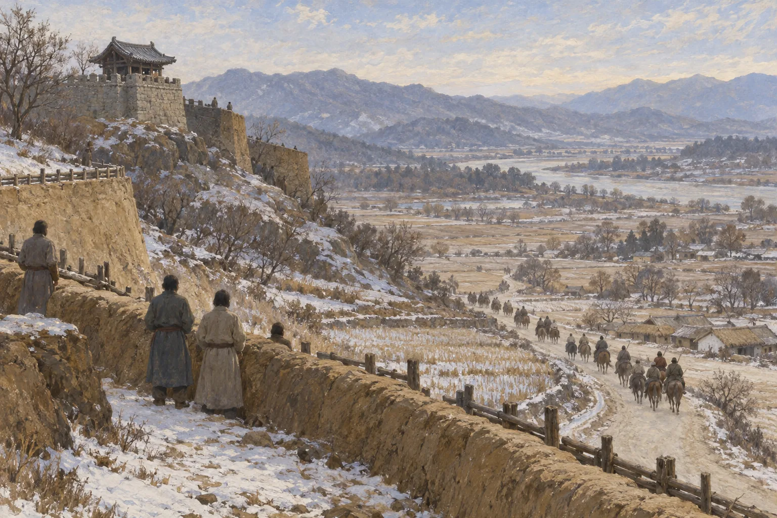 Residents by the snowy walls of Cheoin Fortress watch mounted troops ride away along a winding road.