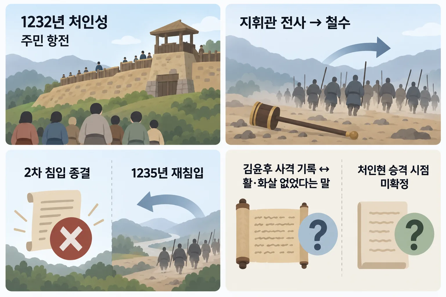 처인성의 주민 항전과 몽골군 철수, 재침입, 기록상의 의문점을 네 칸에 정리한 인포그래픽