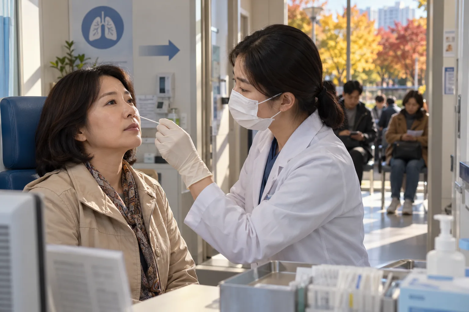 Una profesional sanitaria con mascarilla toma una muestra nasal a una mujer sentada en una clínica respiratoria.