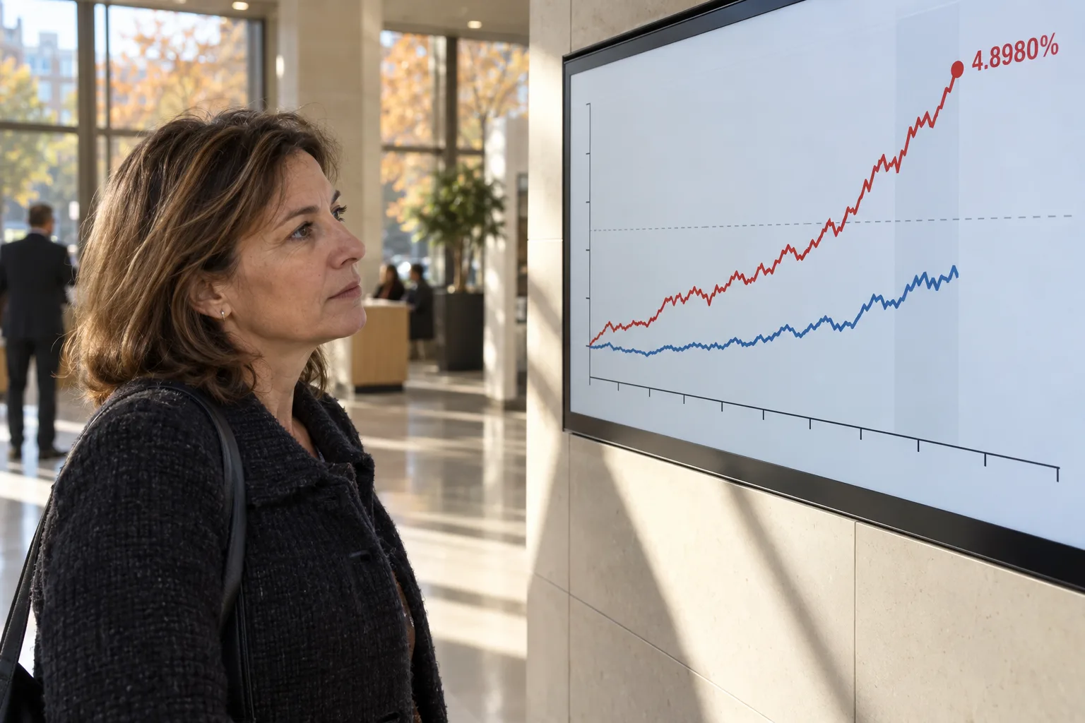 Una mujer observa en el vestíbulo de un banco una gráfica cuya línea roja sube por encima de la azul hasta el 4,8980 %.