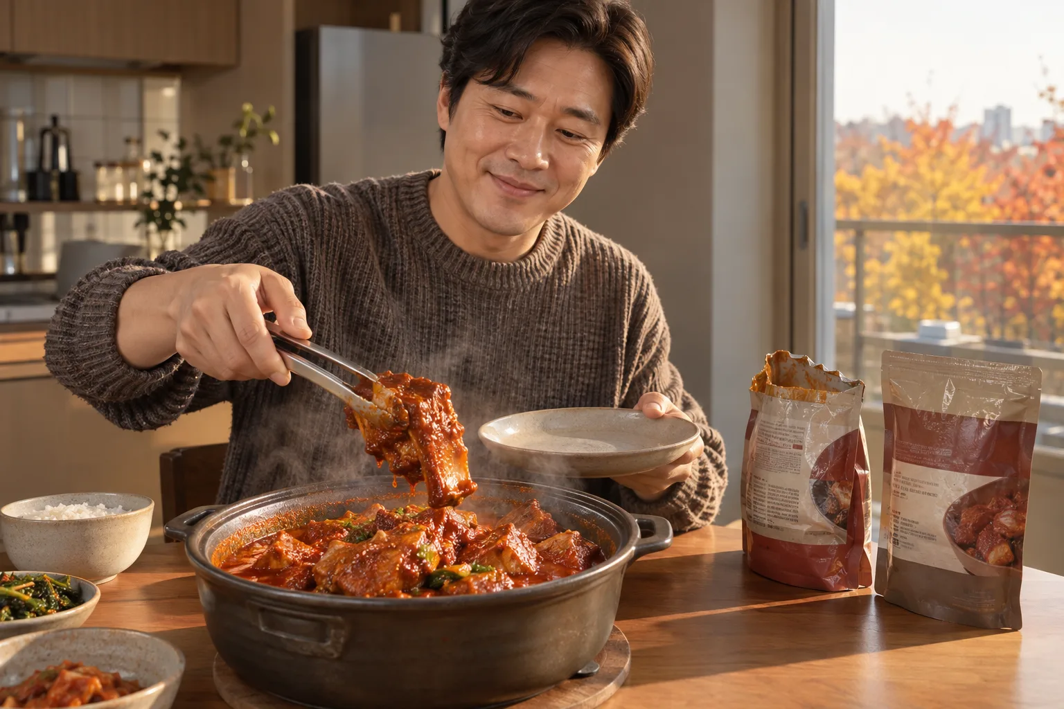 A man lifts a spicy braised pork rib from a steaming pot, with an opened pouch and a sealed pouch nearby.