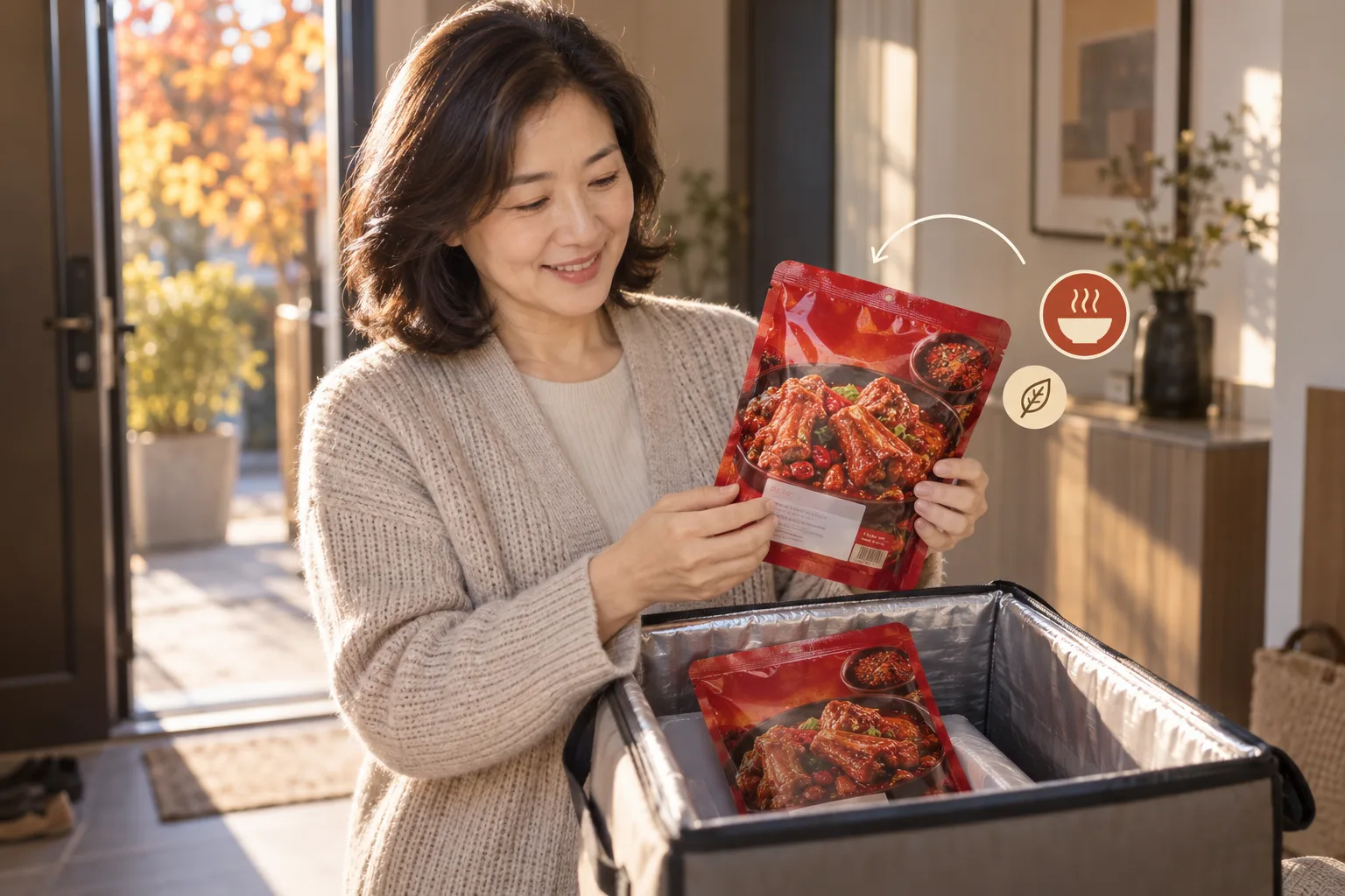 A woman lifts a pouch of spicy braised pork ribs from an insulated box, with a second pouch still inside.