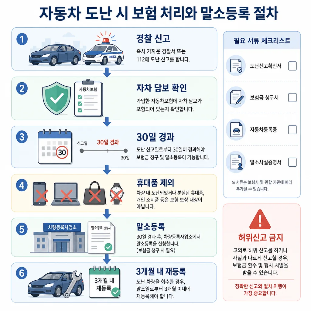 자동차 도난 시 보험 처리와 말소등록 절차를 단계별로 정리한 안내 인포그래픽