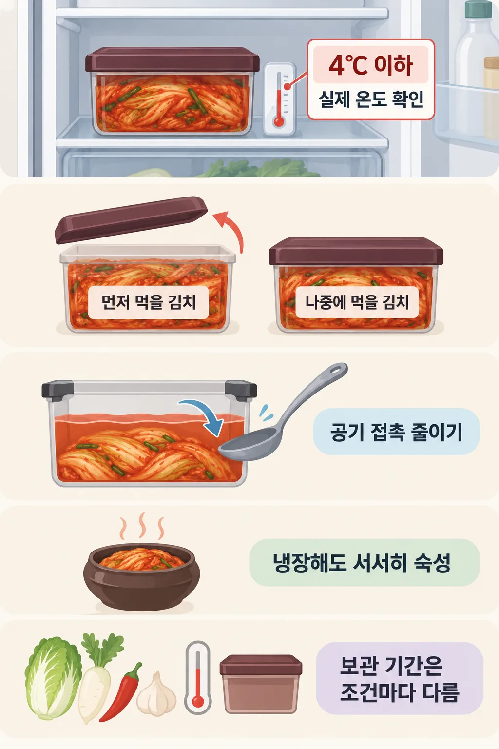 냉장고 속 김치와 온도계, 나눠 담은 김치, 공기 접촉·숙성·보관 기간 안내