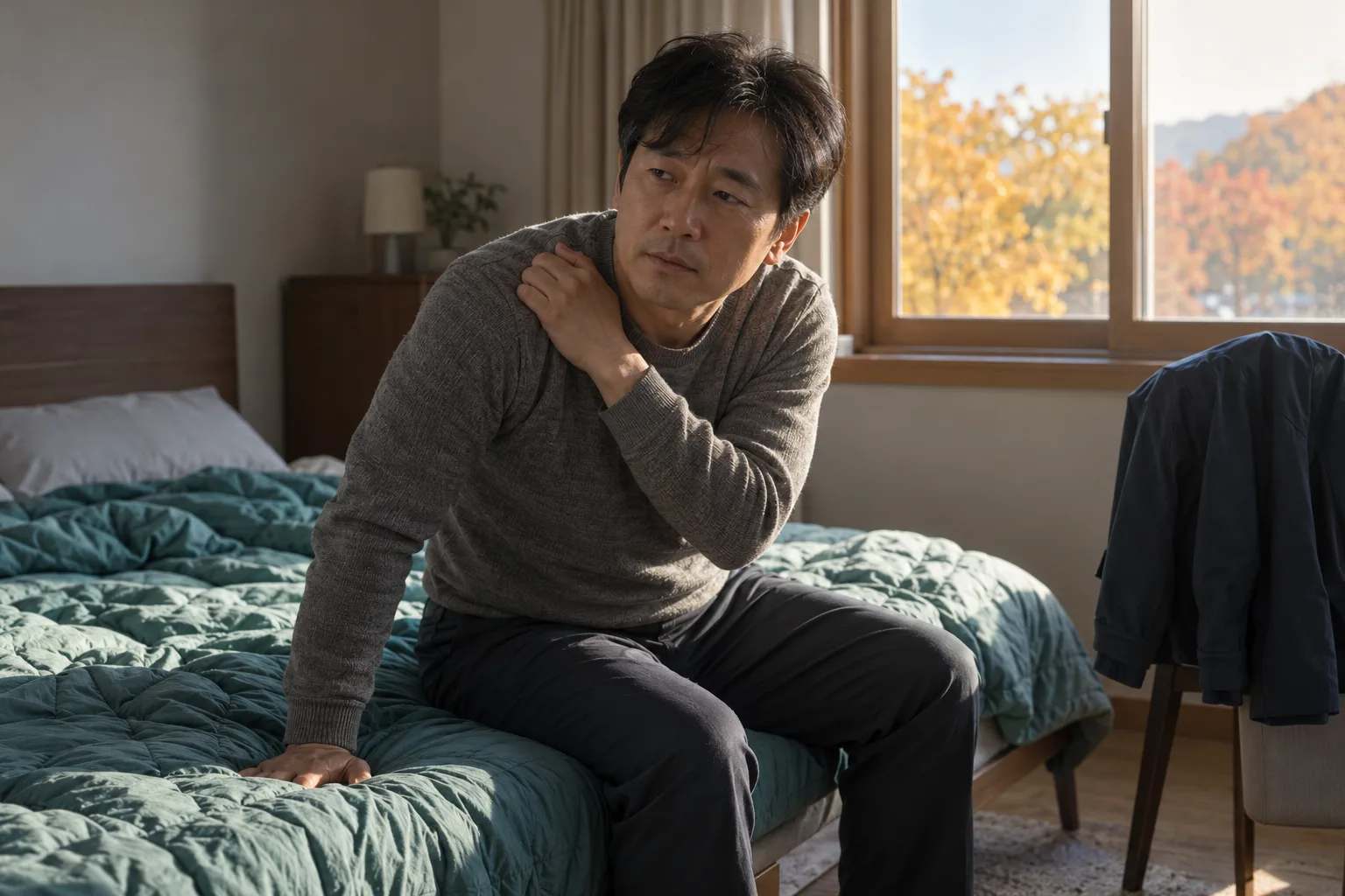 ベッドの端に座り、片手で体を支えながらもう片方の手で肩を押さえる中年男性
