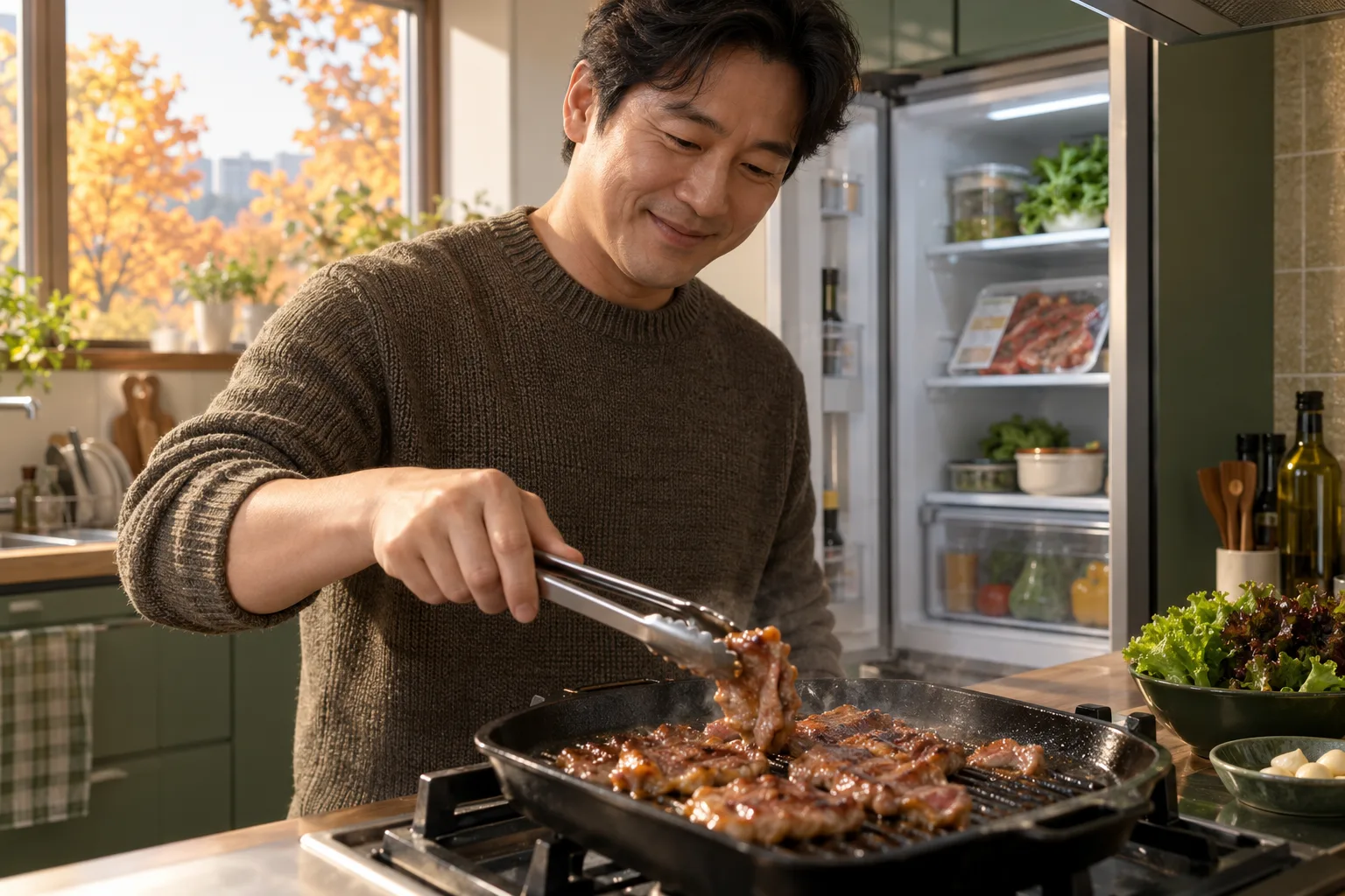 A man turns marinated pork in a grill pan with tongs, with a pack of pork in the open fridge behind him.