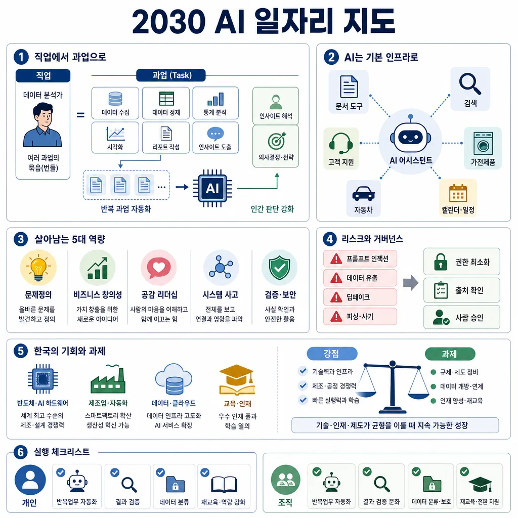2030 AI 일자리 지도를 설명하는 인포그래픽, 과업 자동화와 핵심 역량을 정리