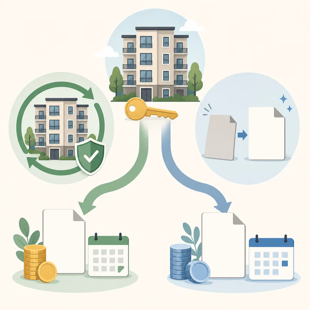 Apartment buildings, key, circular arrows, contracts, calendars, and coins in a rental process illustration