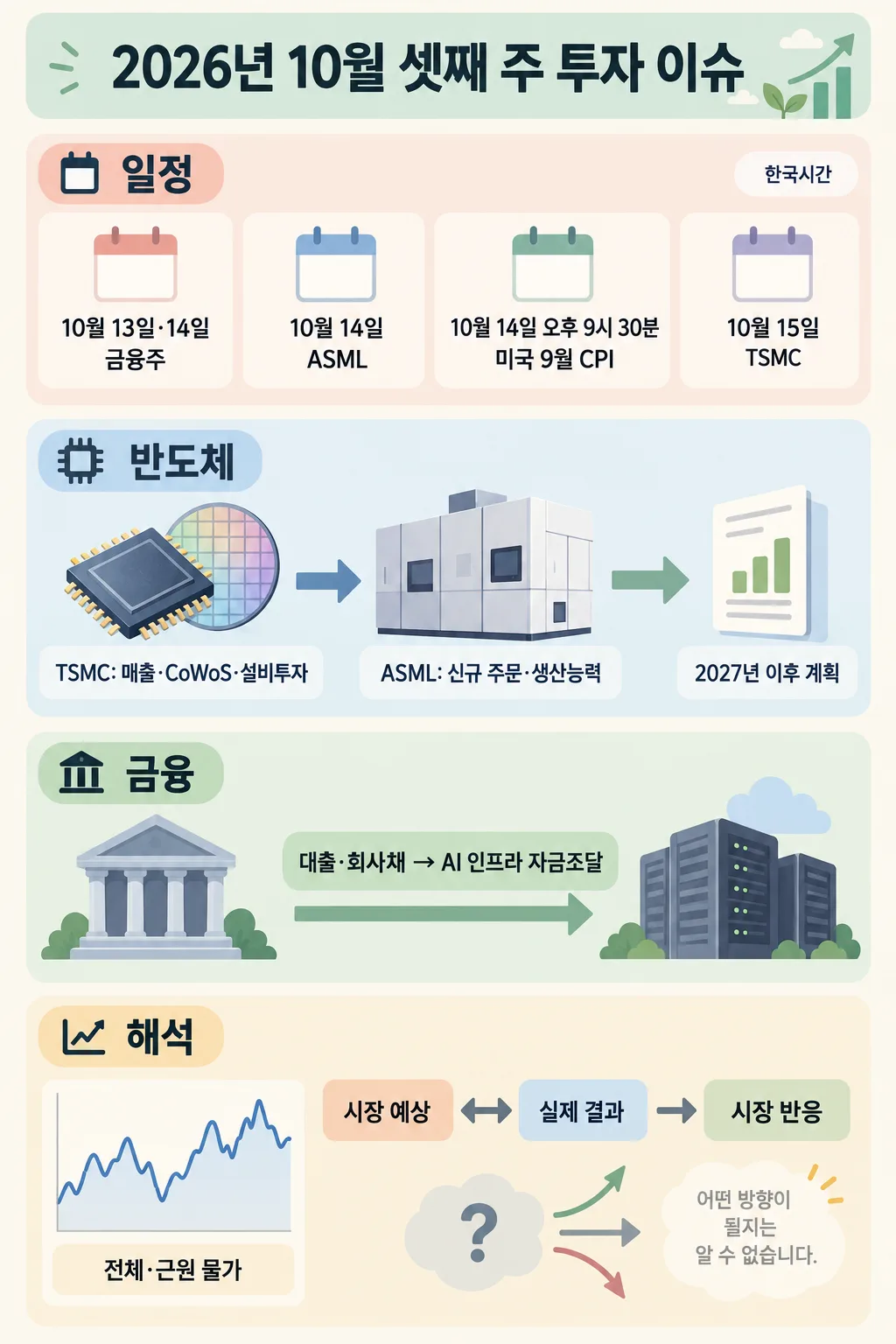 10월 셋째 주 발표 일정과 반도체·금융주 실적, 물가 지표의 해석을 정리한 투자 인포그래픽