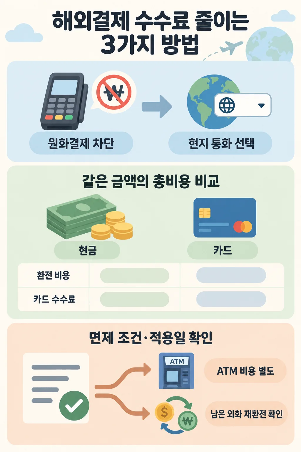 원화결제 차단과 현지 통화 선택, 현금·카드 비용 비교, ATM·재환전 확인을 담은 안내 그래픽