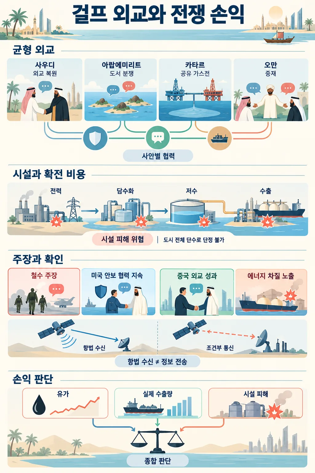 걸프 국가별 외교, 기반 시설 위험, 위성 통신, 유가·수출량·시설 피해를 정리한 인포그래픽