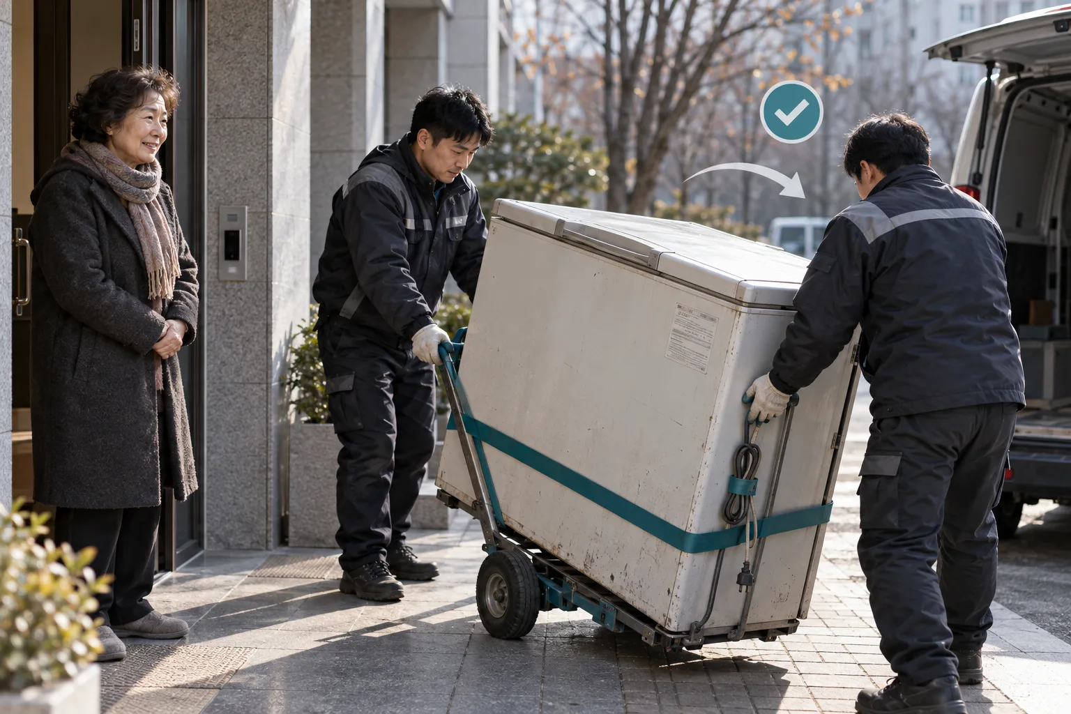 Dos trabajadores trasladan un viejo refrigerador de kimchi de apertura superior mientras una vecina observa.