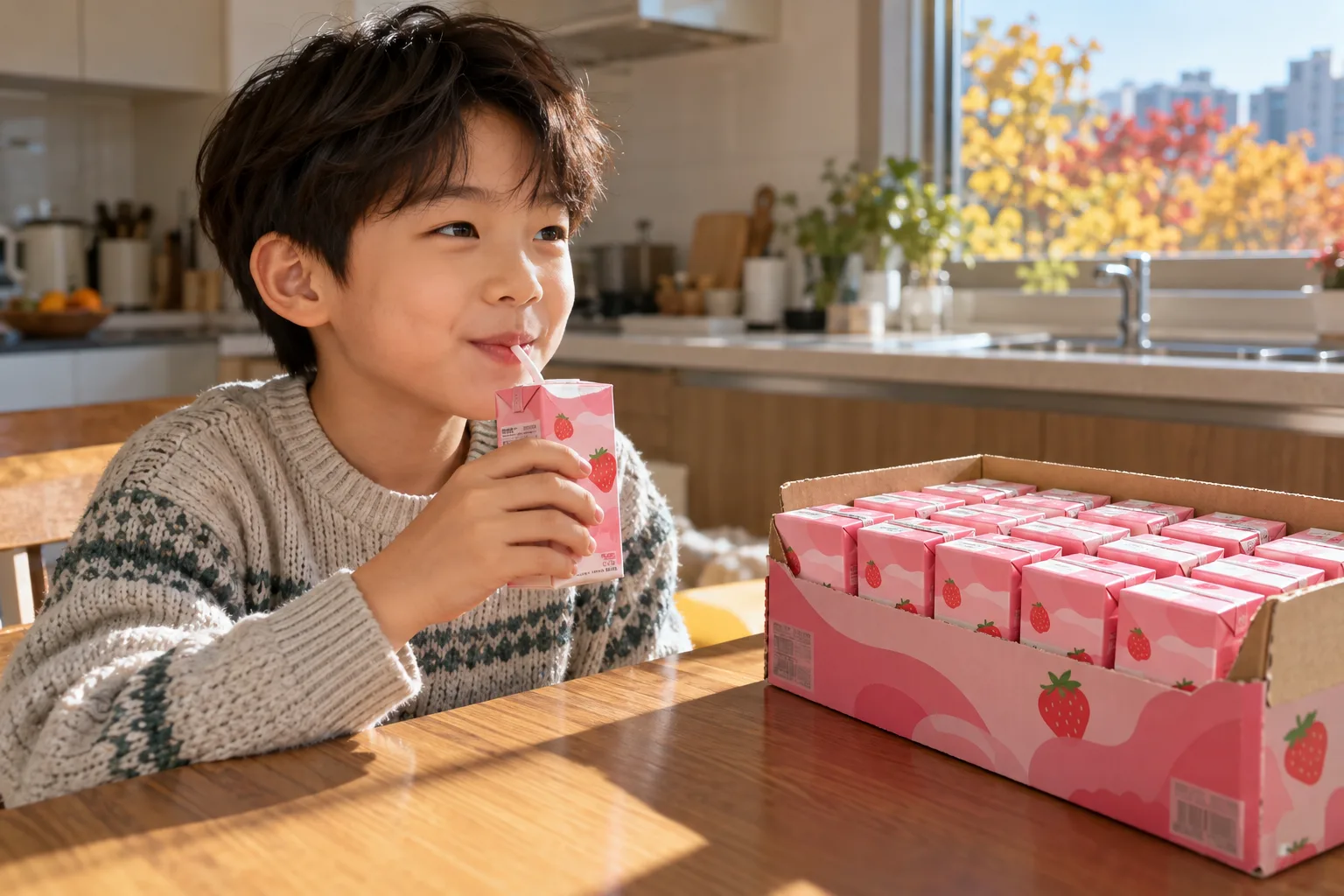 キッチンの食卓で少年がストローでいちごミルクを飲み、隣に同じ商品が入った開封済みの箱がある。