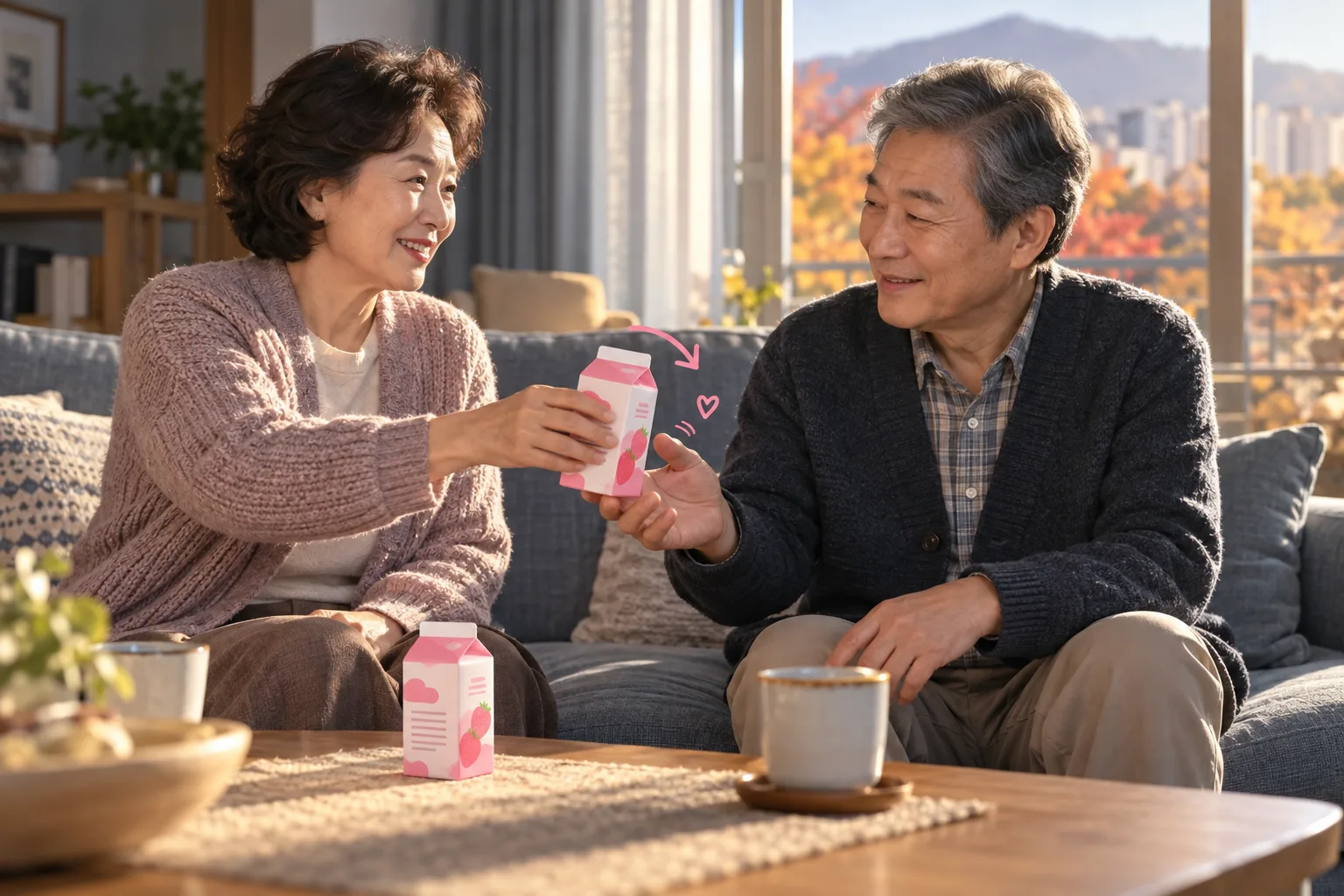 リビングで女性が男性にいちごミルクの紙パックを手渡し、テーブルにも同じパックが置かれている。
