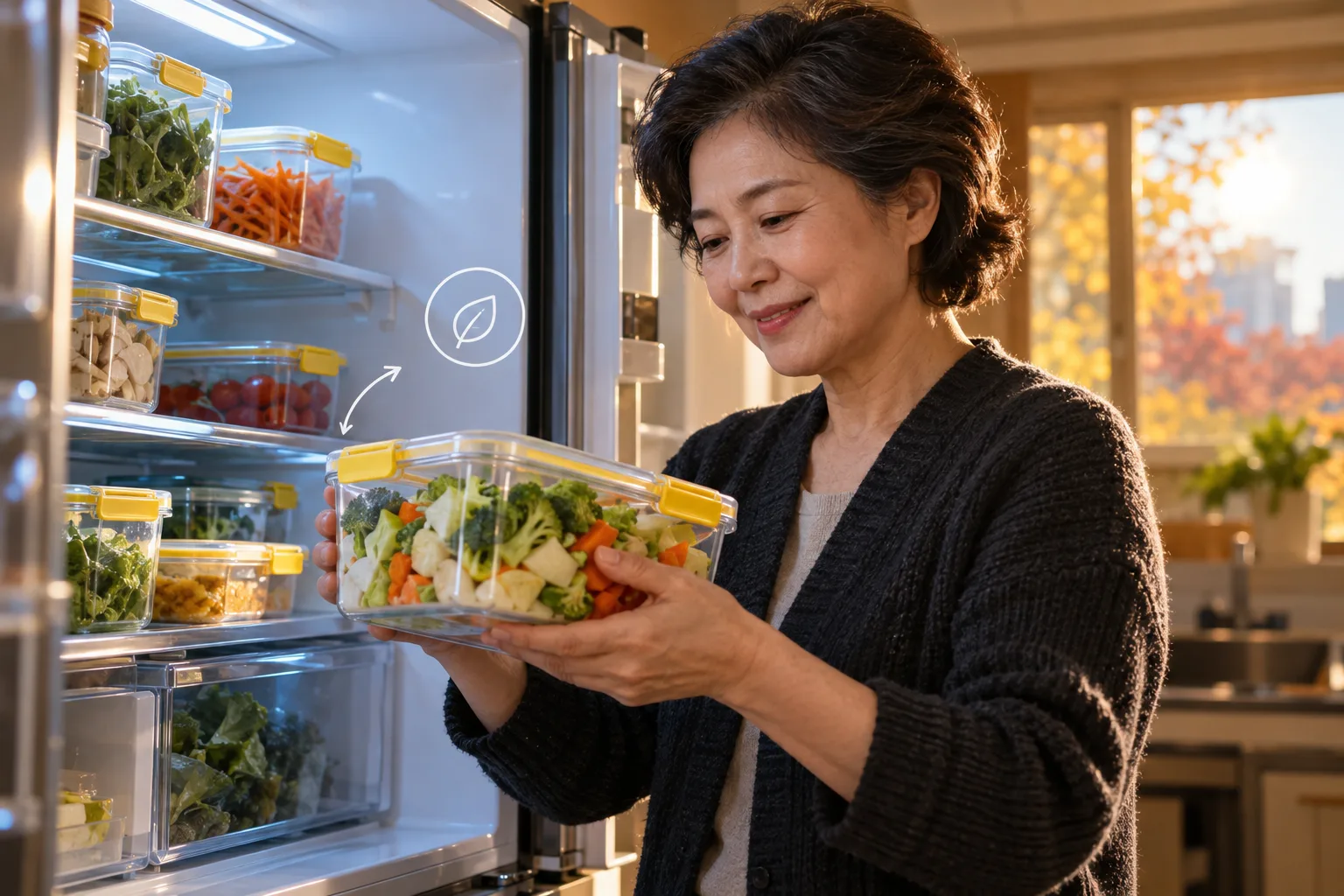 女性が開いた冷蔵庫からカット野菜入りの透明な密閉容器を取り出している
