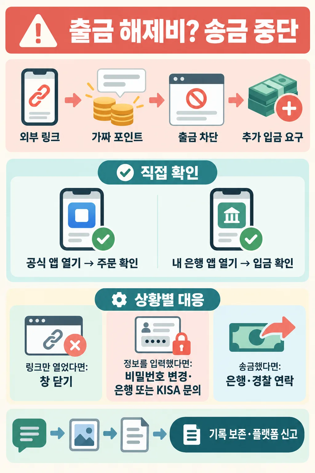 외부 링크에서 추가 입금 요구로 이어지는 사기 흐름과 공식 앱 확인, 상황별 대응을 정리한 인포그래픽