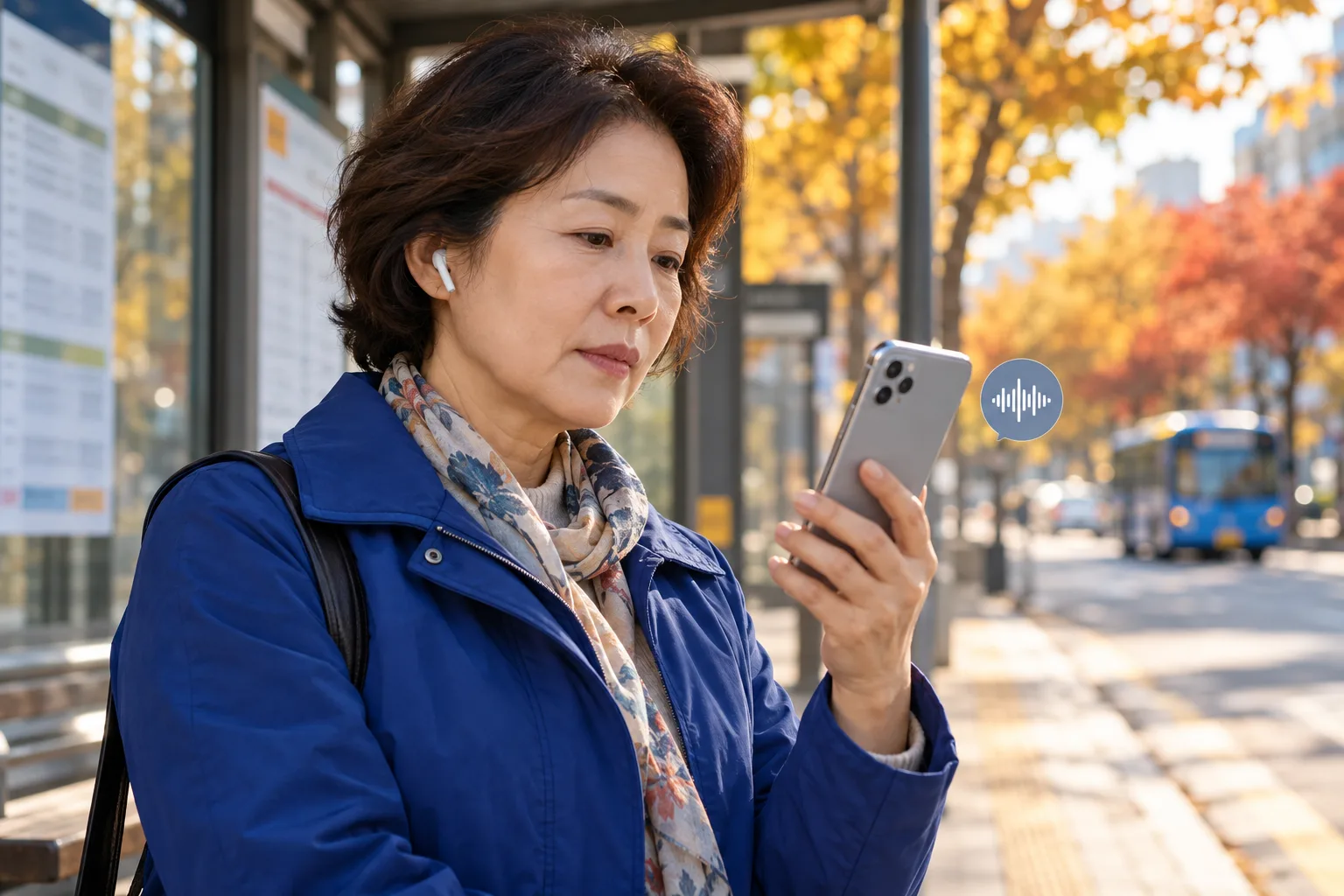 A woman wearing an earbud listens to a call recording on her phone at an autumn bus stop.