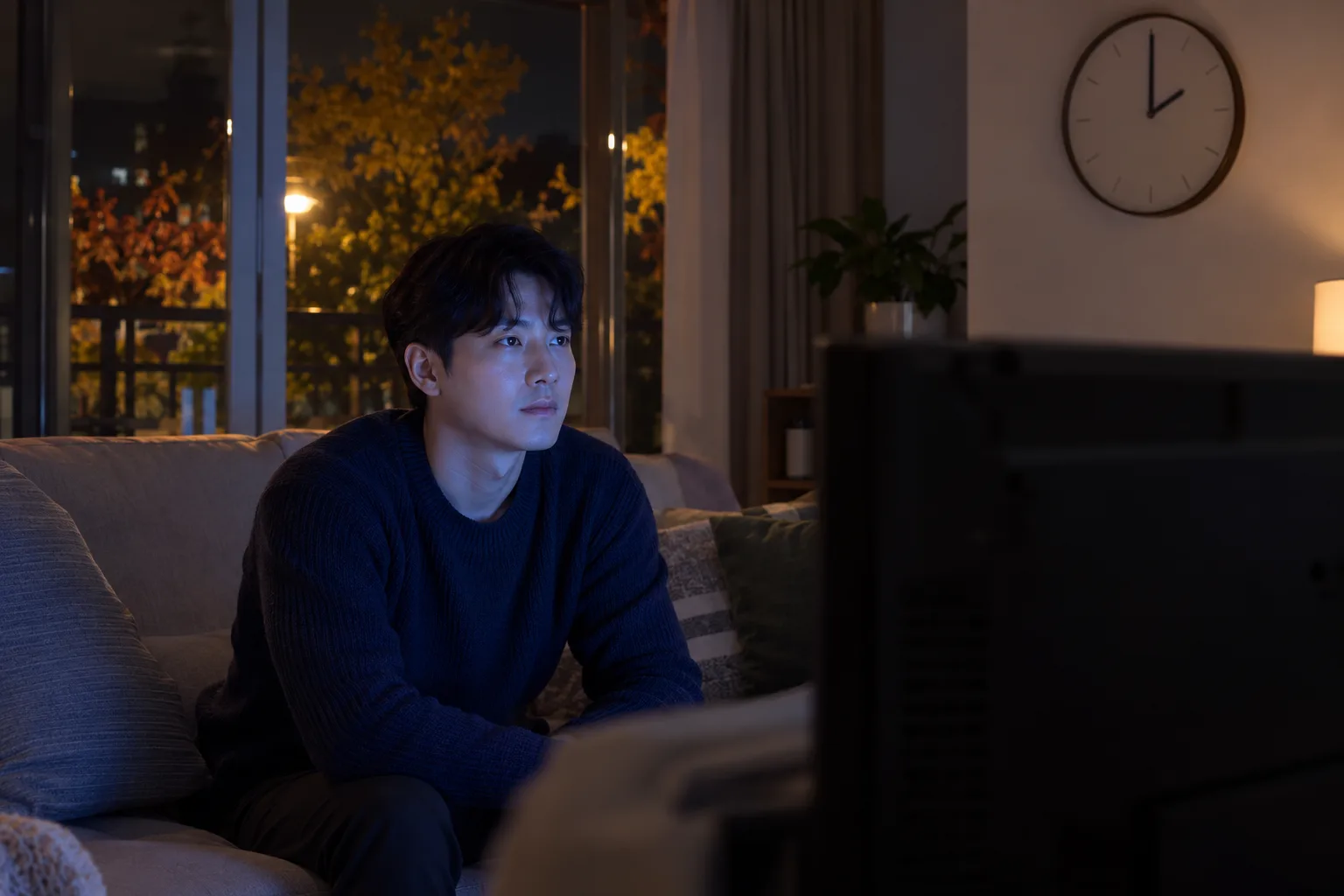 夜のリビングで男性がソファに座ってテレビを見つめ、壁時計は2時を指している。
