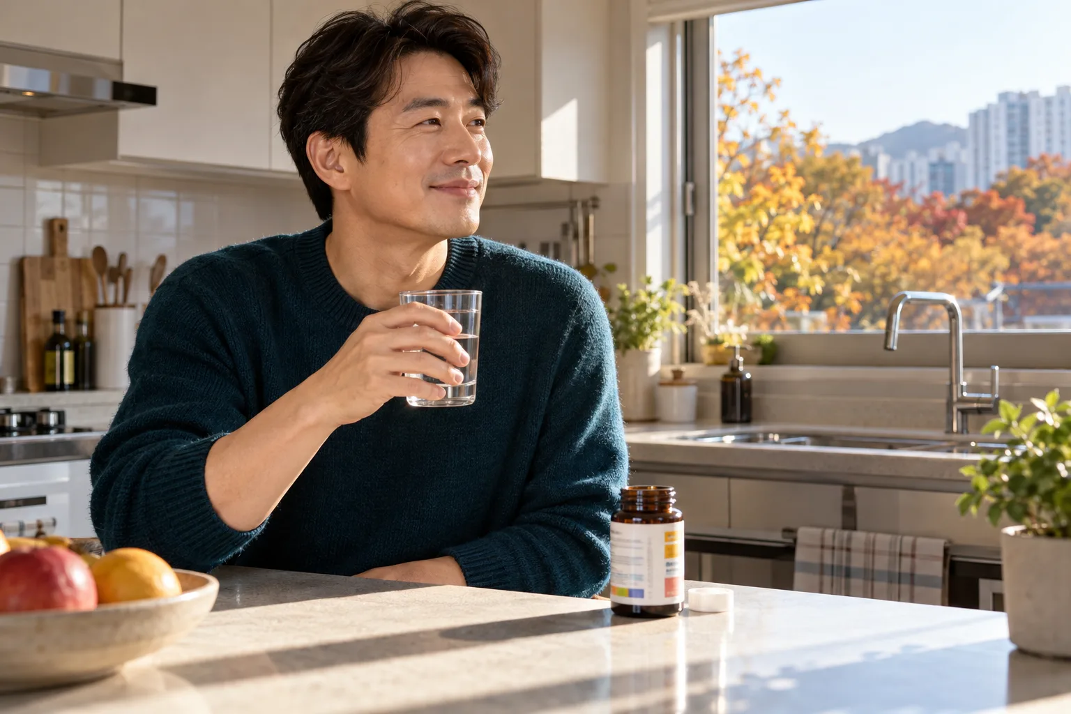 주방에서 물잔을 든 미소 짓는 남성, 조리대에는 열린 영양제 병과 뚜껑이 놓여 있다.