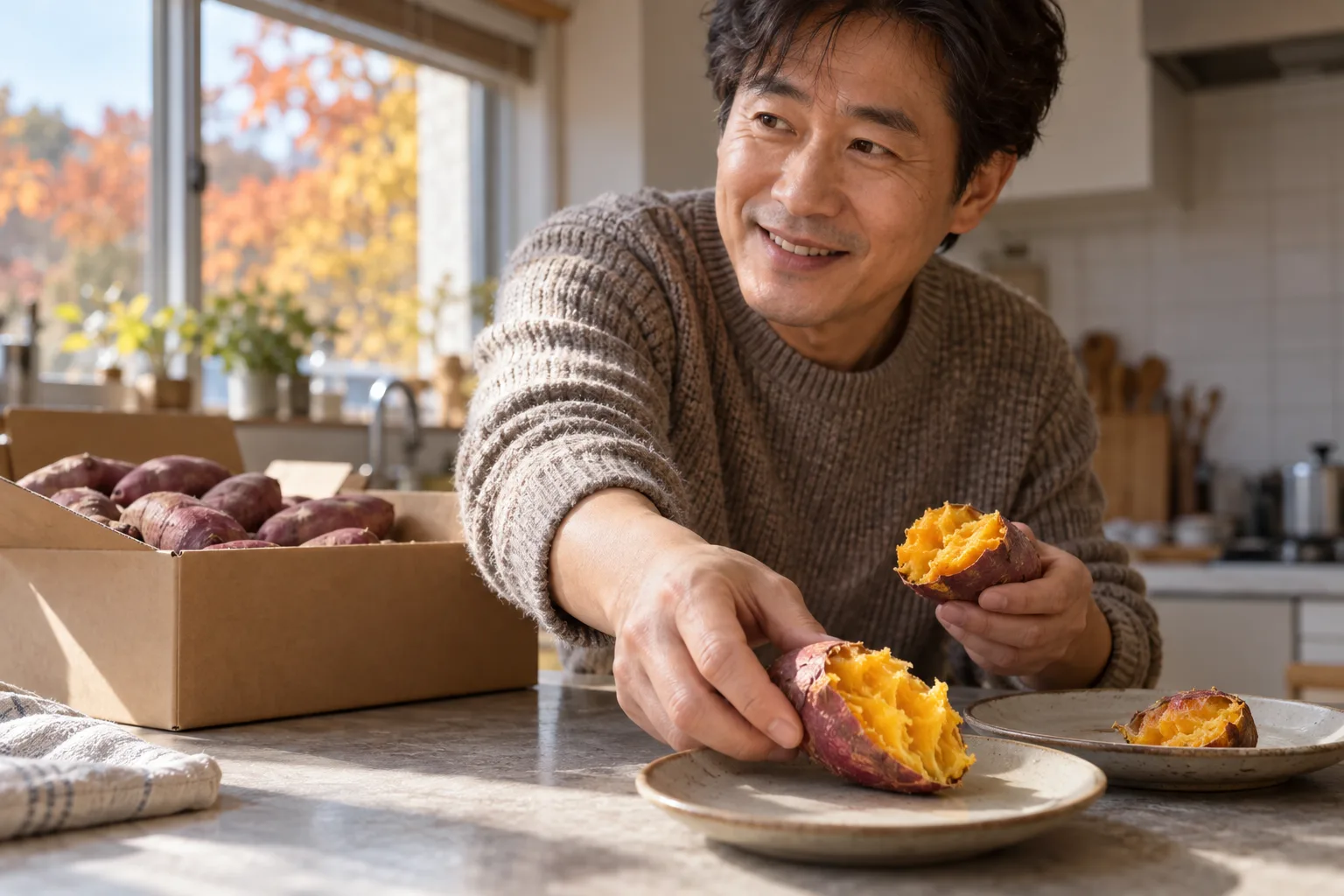 男性が割った焼き芋を皿に置き、後ろには生のサツマイモが入った箱がある。