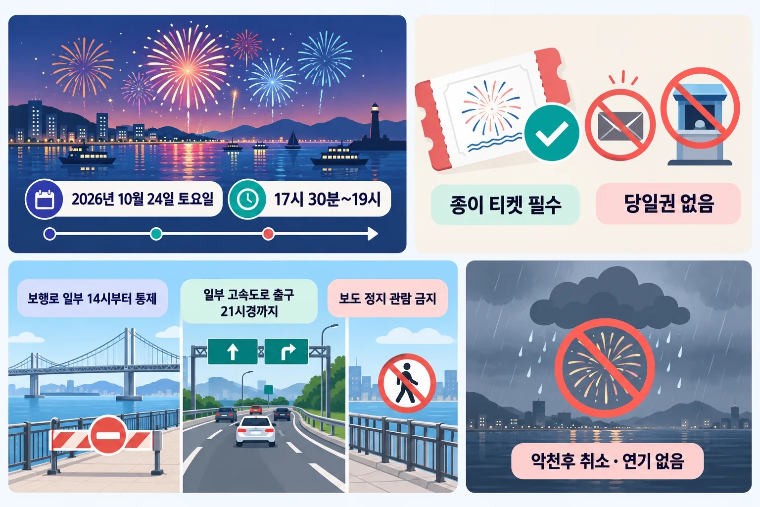 항구 불꽃놀이, 종이 티켓, 통행 통제, 악천후 취소를 네 칸에 담은 안내 그래픽