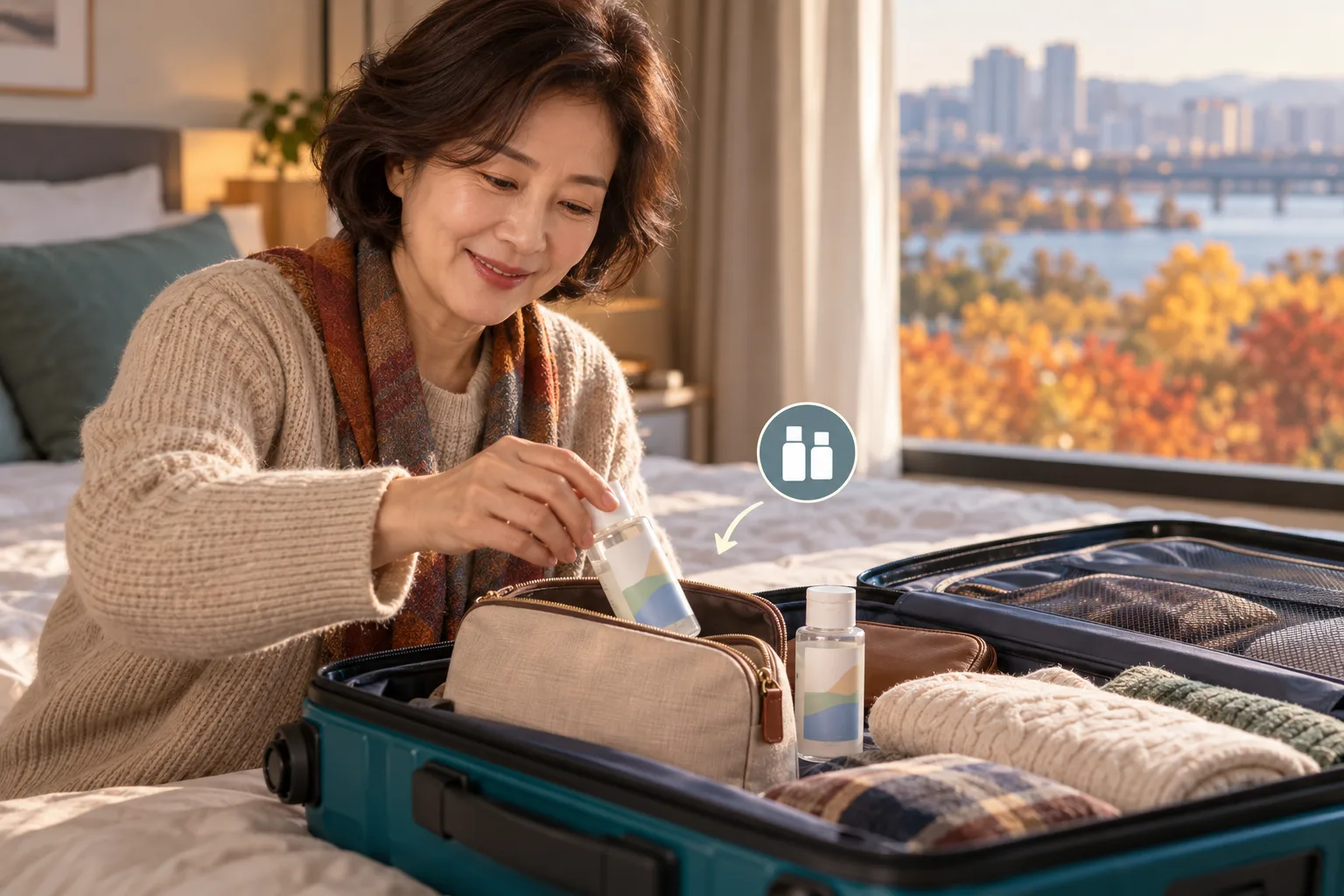 A woman puts a small bottle into a toiletry bag in an open suitcase, with a matching bottle beside it.