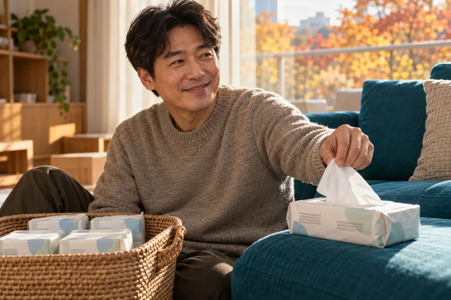 Smiling man pulling a tissue beside a sofa, with spare tissue packs in a basket