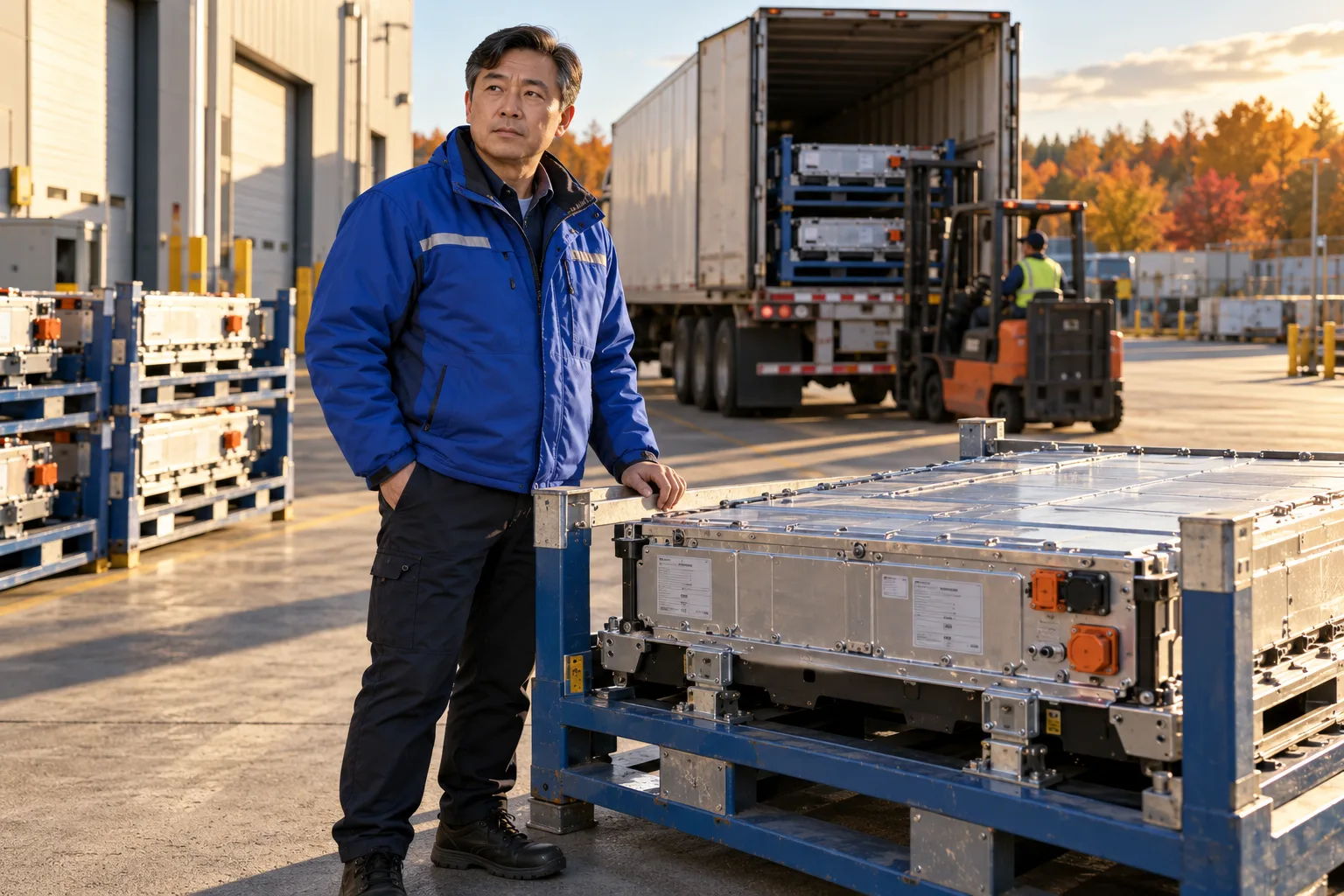 공장 출하장에서 파란 작업복을 입은 남성이 배터리 팩 옆에 서 있고, 뒤로 트럭과 지게차가 보인다.