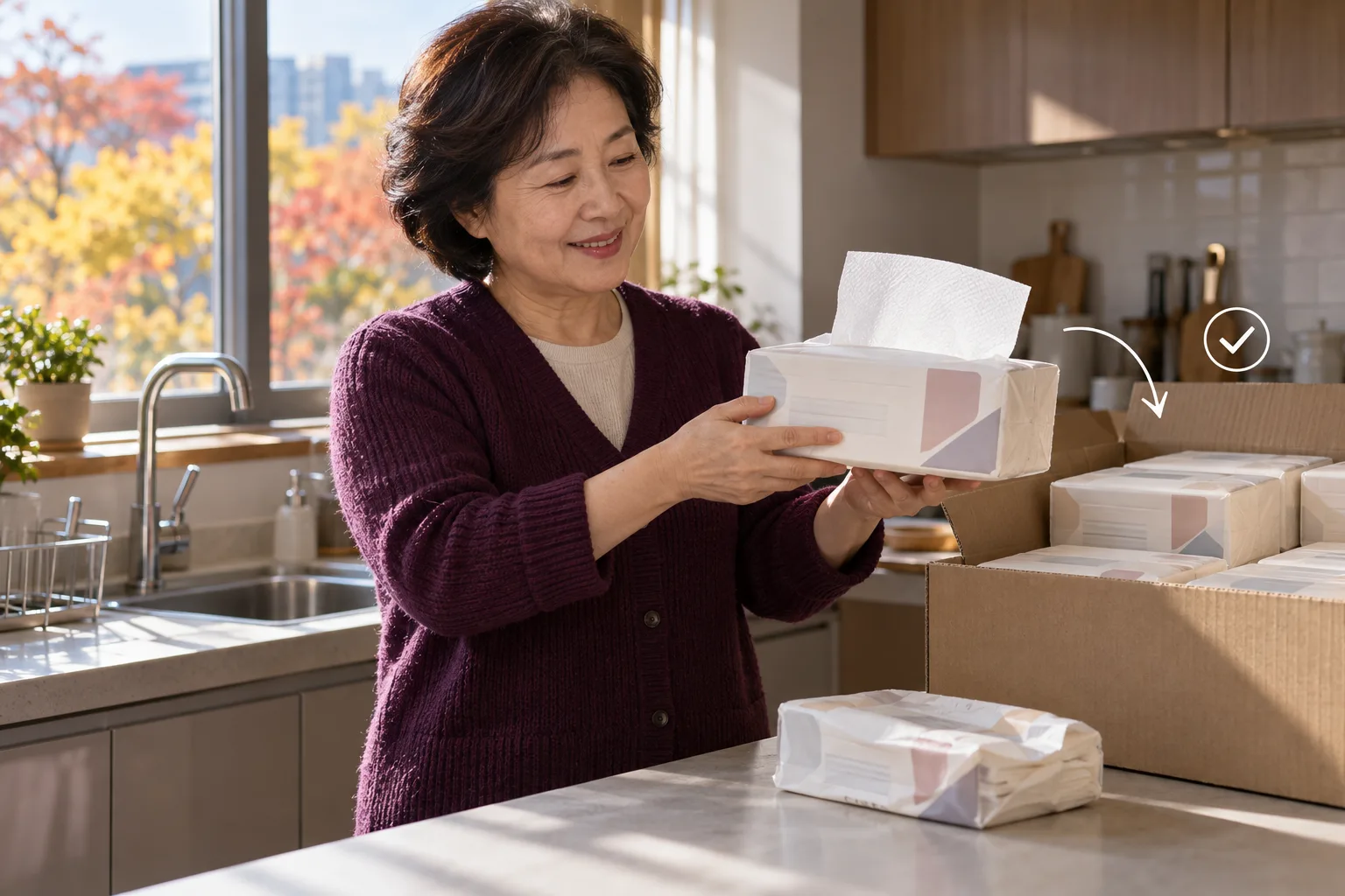 Una mujer mayor sonríe con un paquete de papel de cocina junto a una caja abierta con más paquetes.