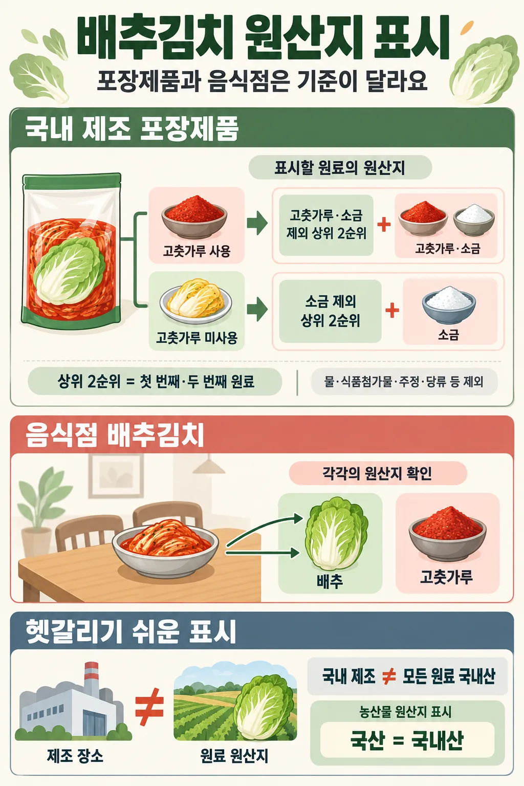 포장 김치의 고춧가루 사용 여부별 표시 원료와 음식점 배추김치의 원산지 표시 기준을 비교한 인포그래픽