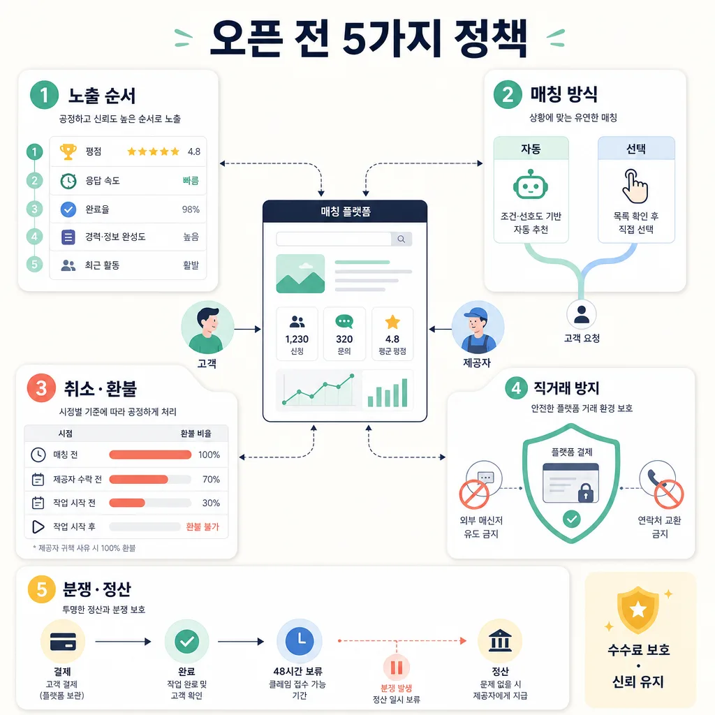 매칭 플랫폼 오픈 전 정해야 할 노출, 매칭, 환불, 직거래, 정산 5가지 정책 인포그래픽