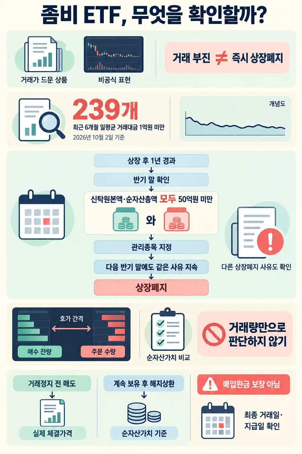 거래 부진 통계, 규모 요건에 따른 상장폐지 흐름도, 매도·해지상환 확인 사항을 정리한 인포그래픽