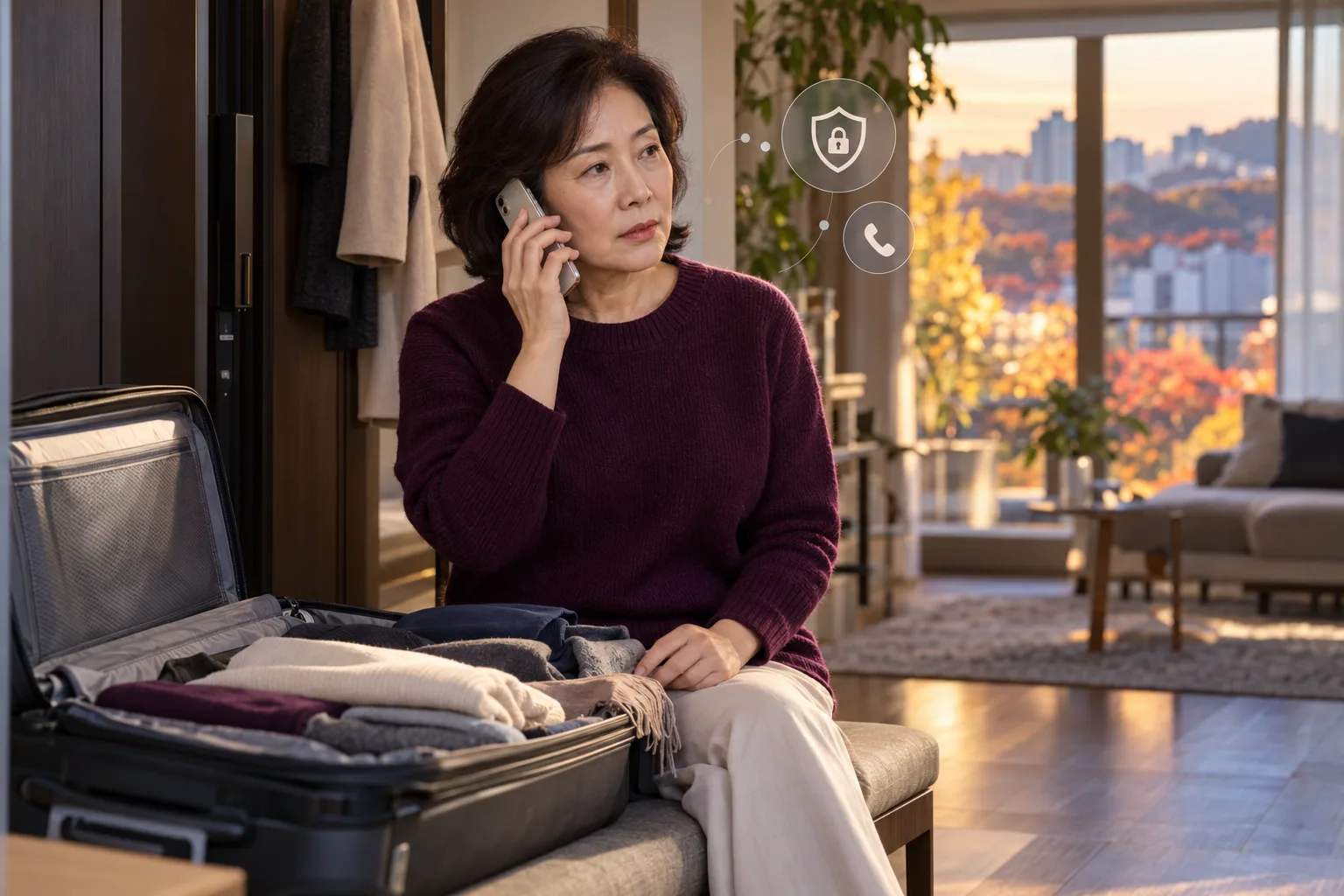 A middle-aged woman talks on her phone at home beside an open suitcase filled with clothes.