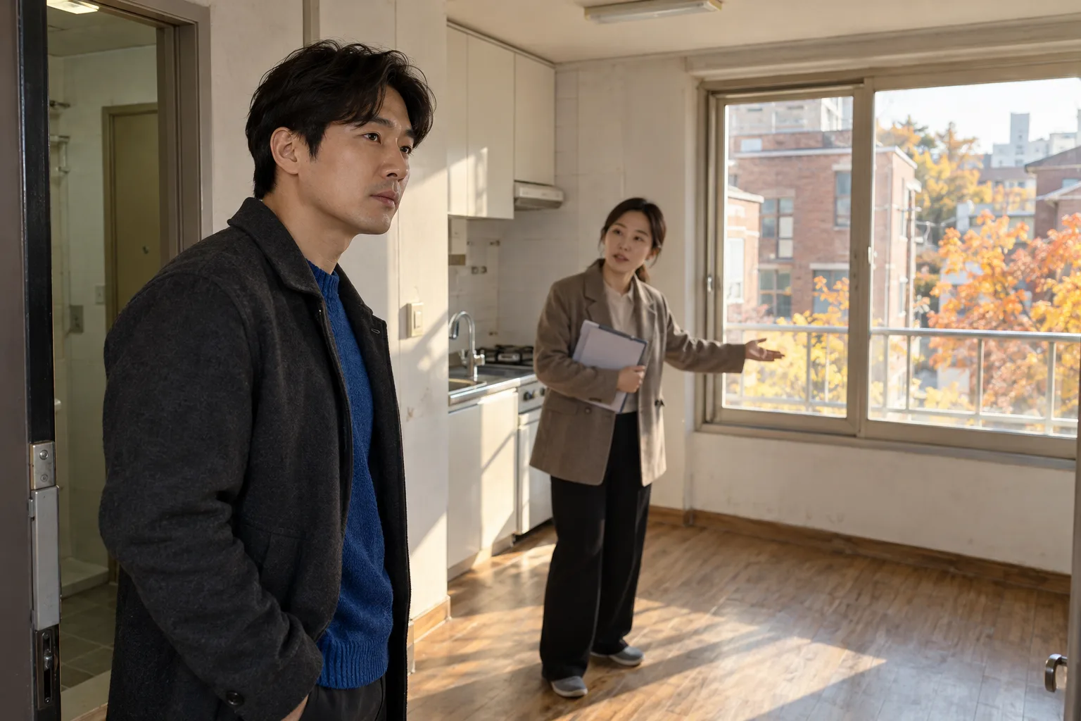 A man inspects a small rental apartment while an agent holding documents gestures beside the kitchenette.