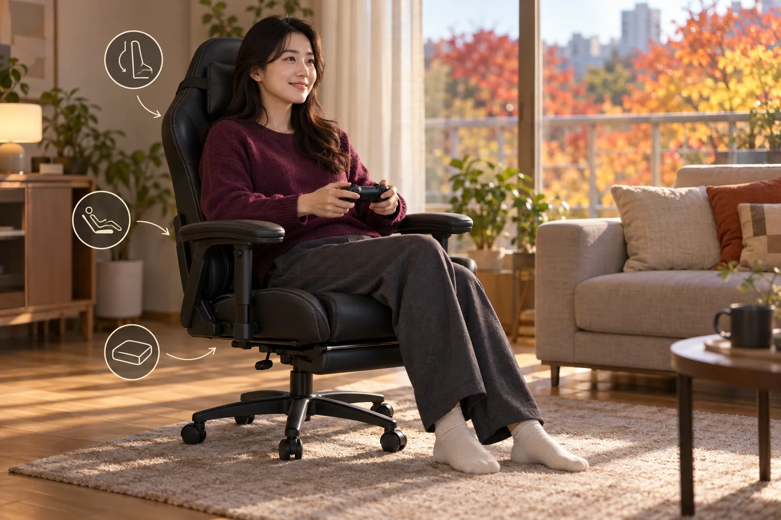 Una mujer sonríe con un mando en las manos, sentada en una silla de gaming negra en una sala soleada.