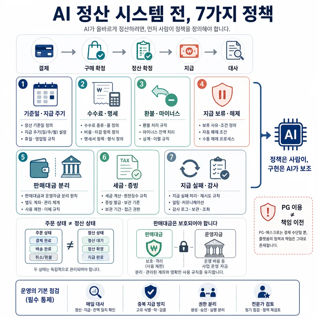 AI 정산 시스템 구축 전 정할 7가지 정책과 결제·정산 흐름을 정리한 인포그래픽